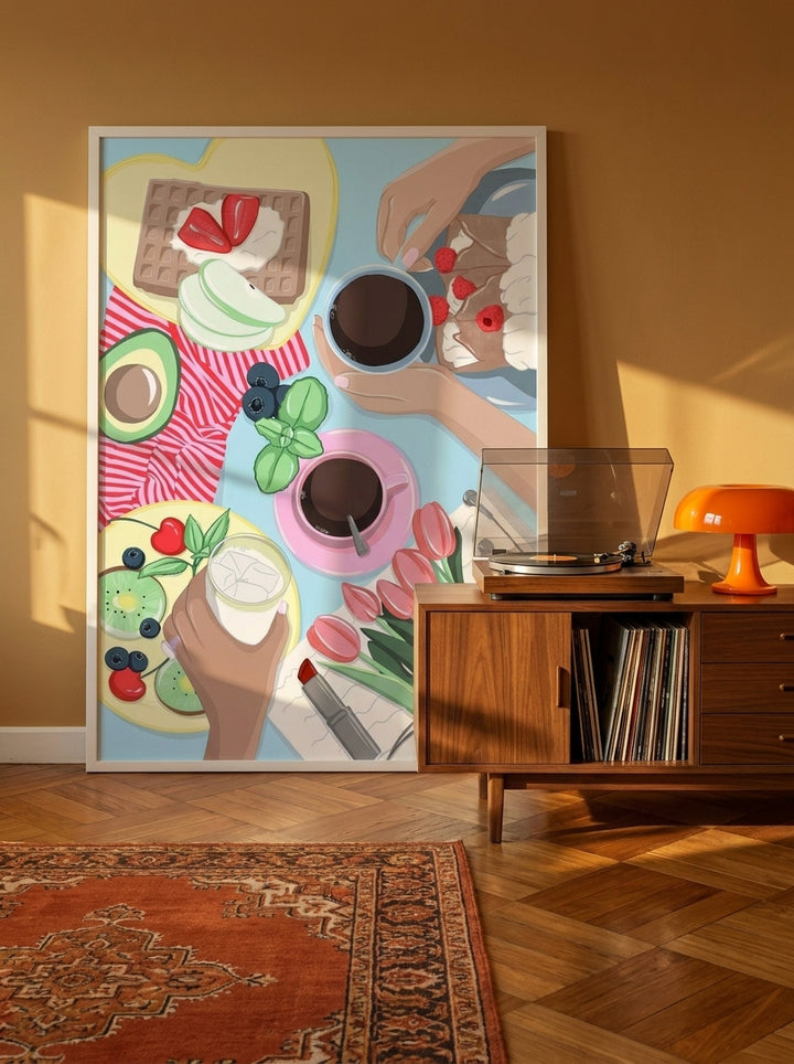 Modern wall art print standing on a sideboard in a retro 70s dining room