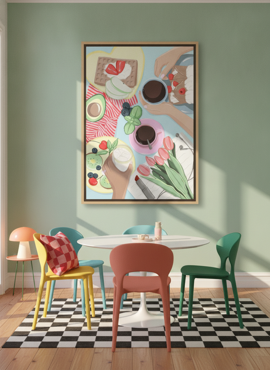 Oversized statement canvas wall art with a natural timber surround styled on the wall in a colourful eclectic dining room