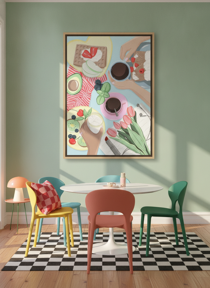 Oversized statement canvas wall art with a natural timber surround styled on the wall in a colourful eclectic dining room