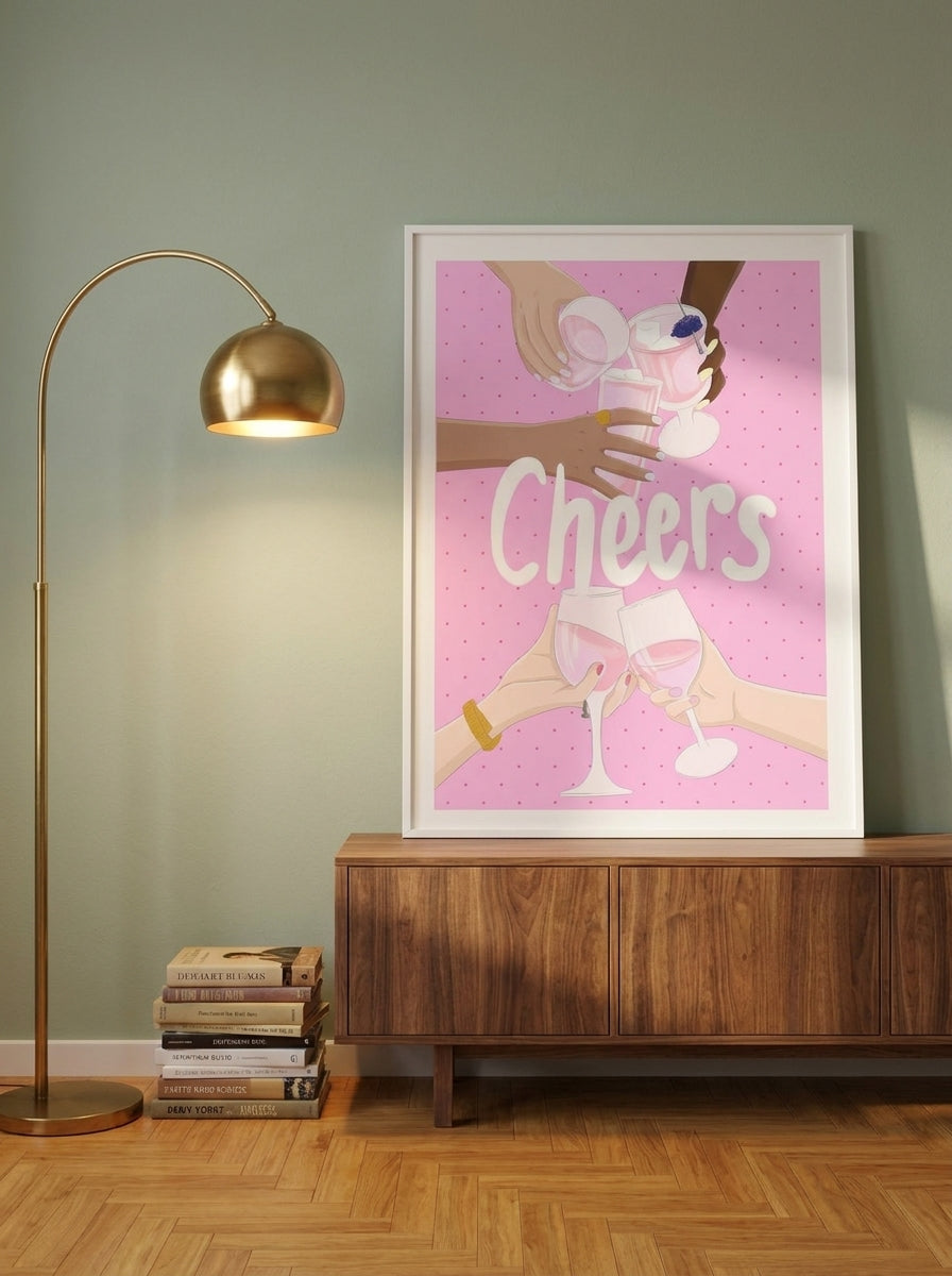 Modern wall art print standing on a sideboard in a mid-century living room