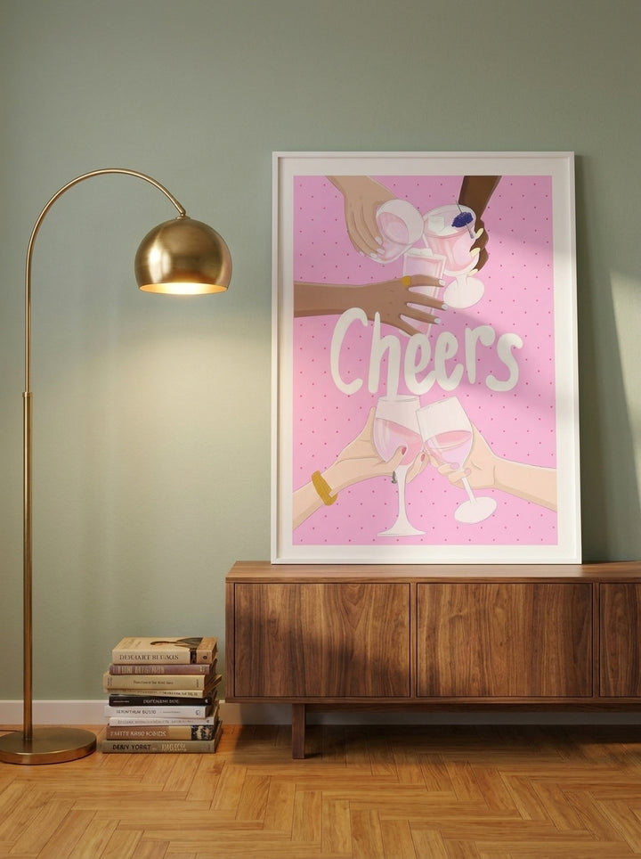 Modern wall art print standing on a sideboard in a mid-century living room