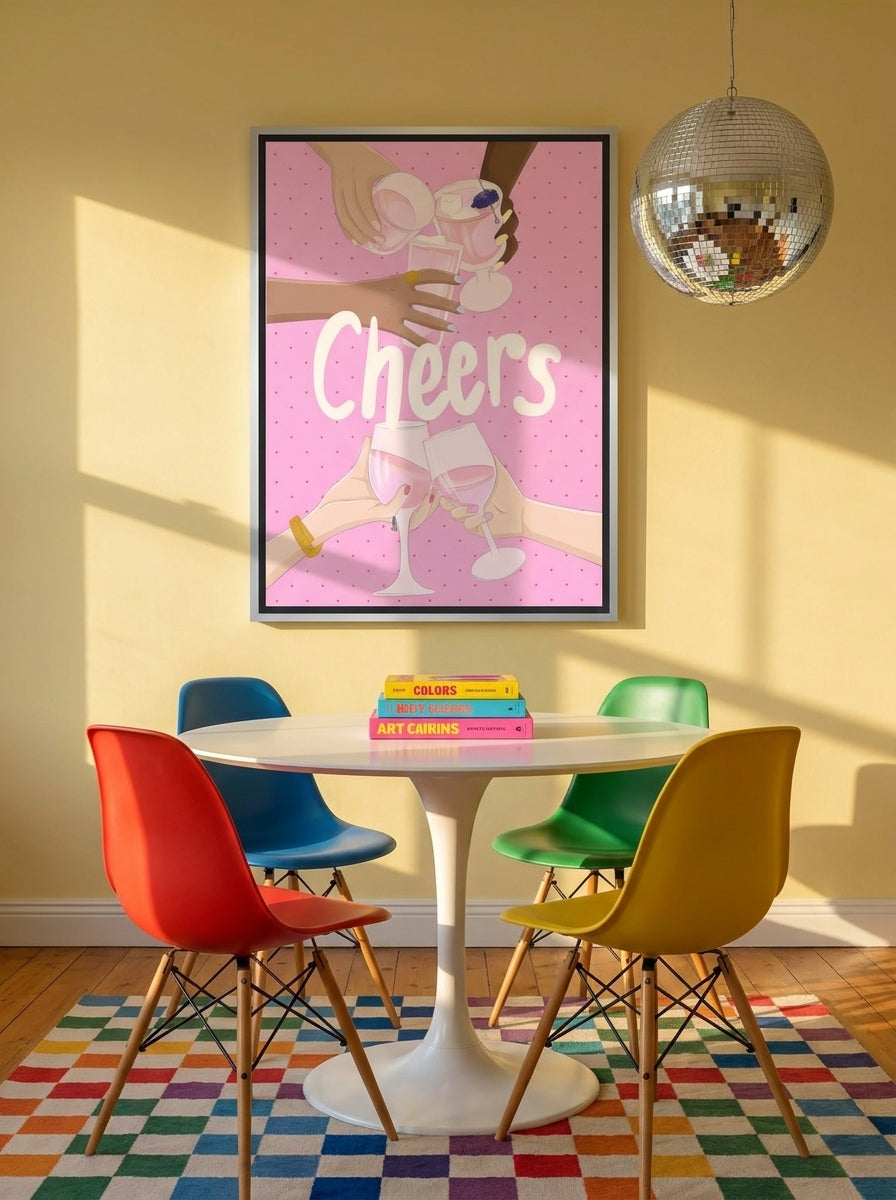 Canvas wall art with a silver leaf surround styled on the wall in a colourful eclectic dining room
