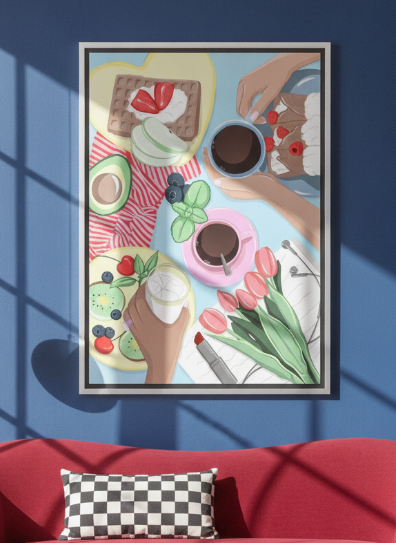 Canvas wall art with a silver leaf surround styled on the wall in a colourful eclectic living room