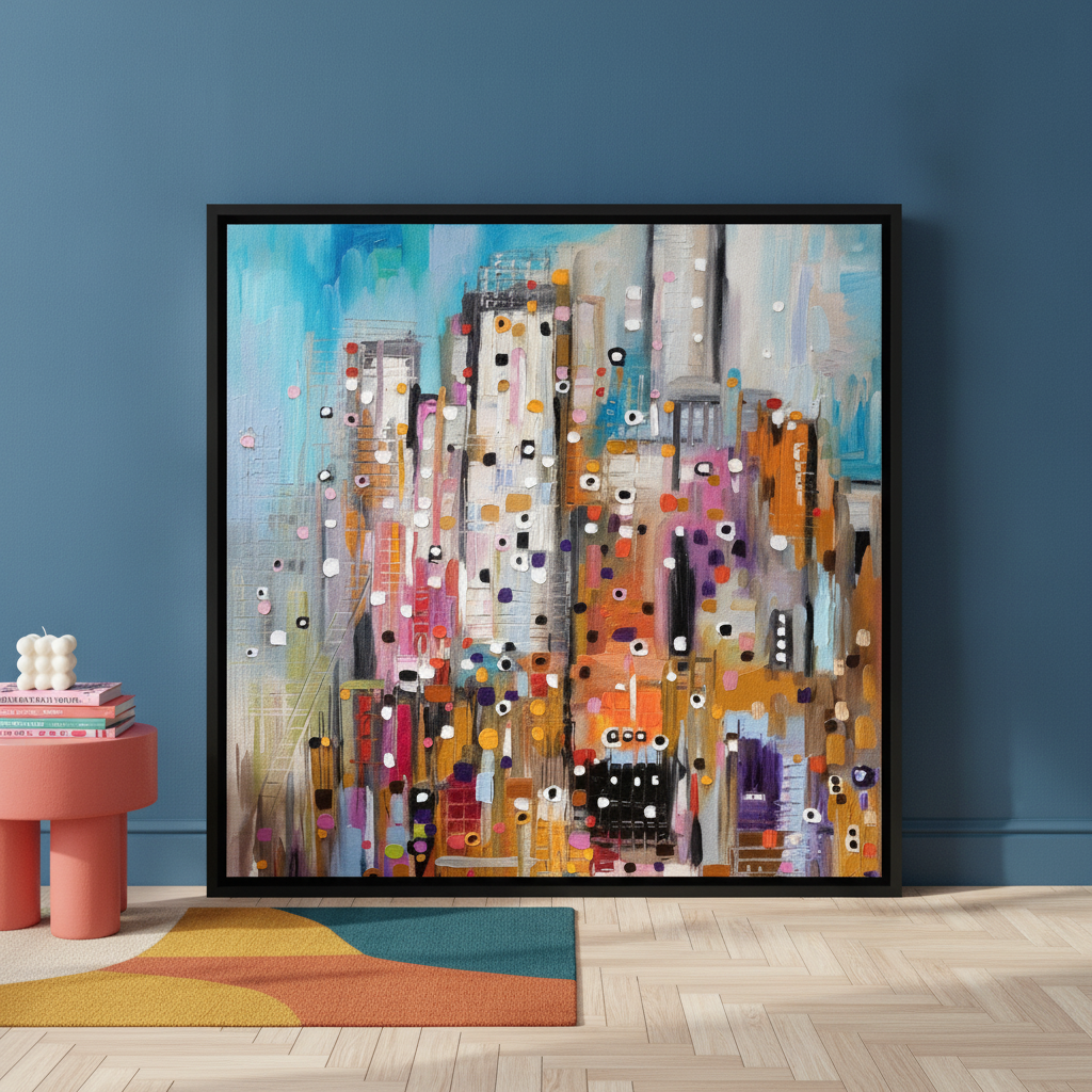 Oversized statement canvas wall art with a black surround leaning against the wall in a colourful eclectic bedroom