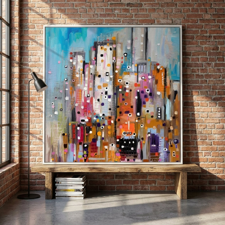 Canvas wall art with a white surround standing on a bench in an industrial loft dining room