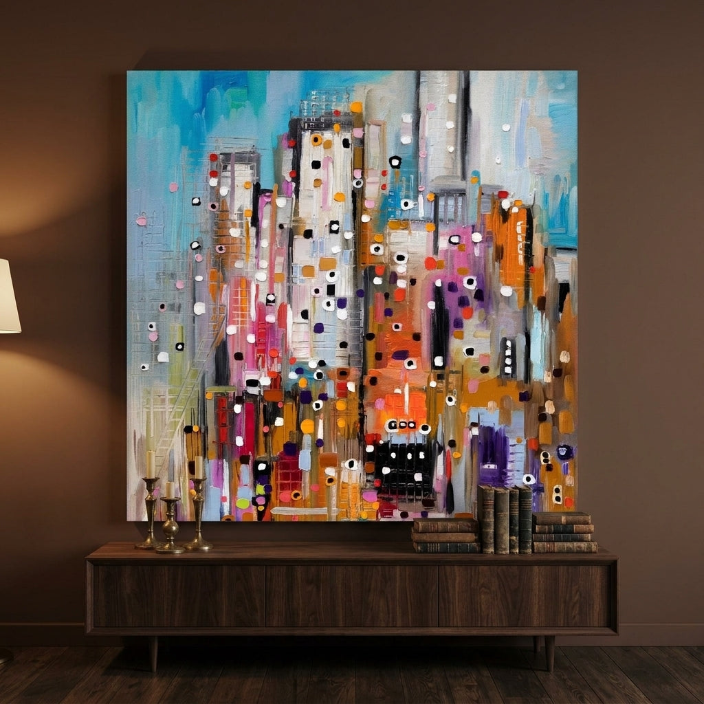 Stretched canvas wall art styled on the wall in a moody living room