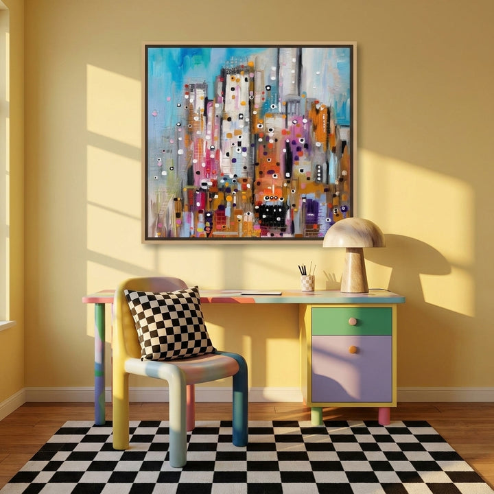 Canvas wall art with a natural timber surround styled on the wall in a colourful eclectic home office