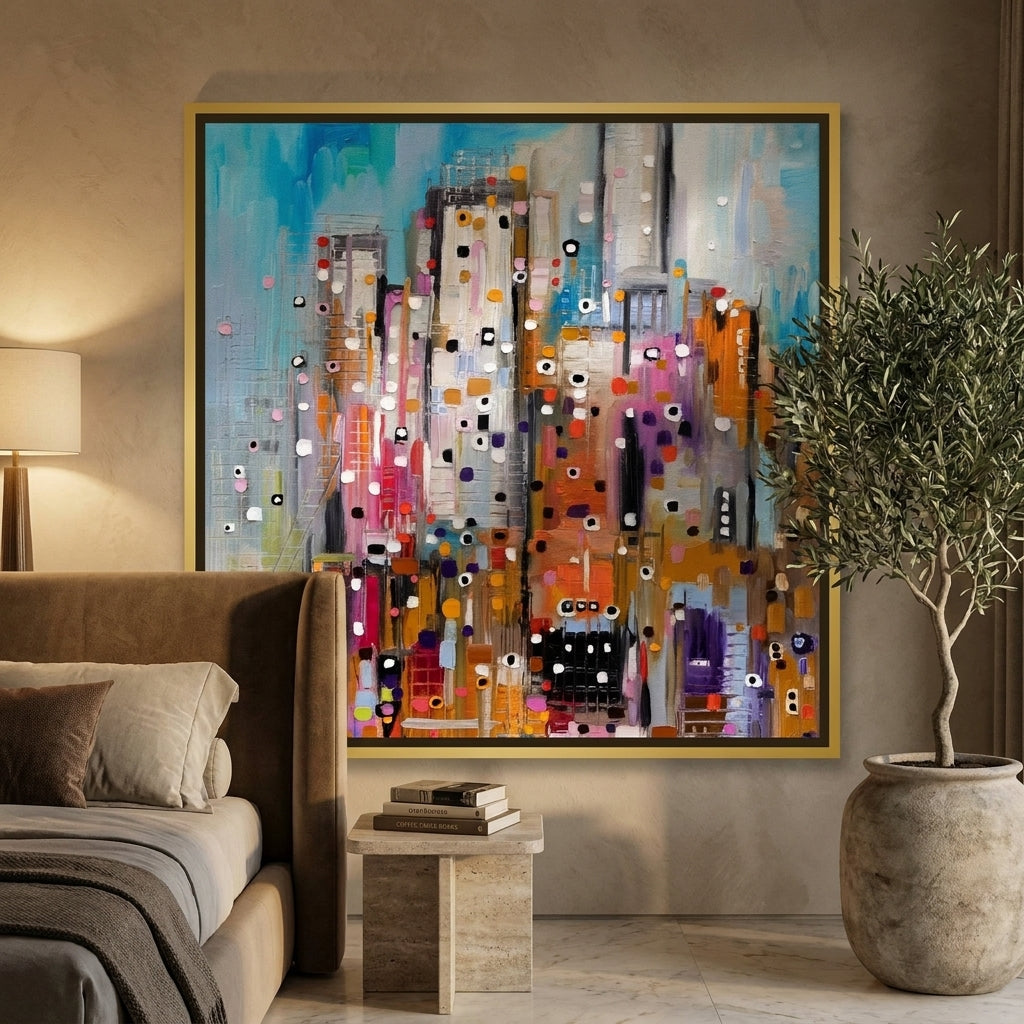 Canvas wall art with a gold leaf surround styled on the wall in a luxe bedroom