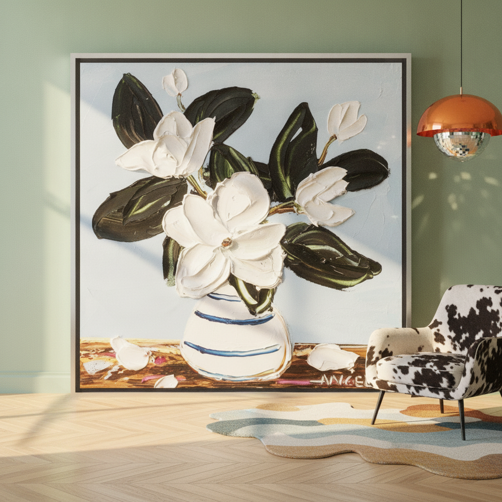 Oversized statement canvas wall art with a silver leaf surround leaning against the wall in a colourful eclectic dining room