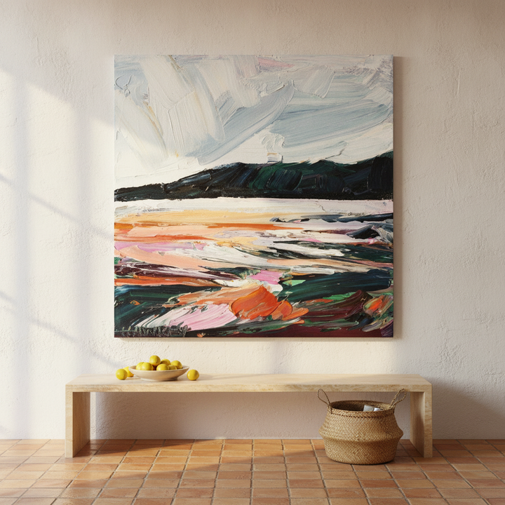 Stretched canvas wall art styled on the wall in a Mediterranean living room