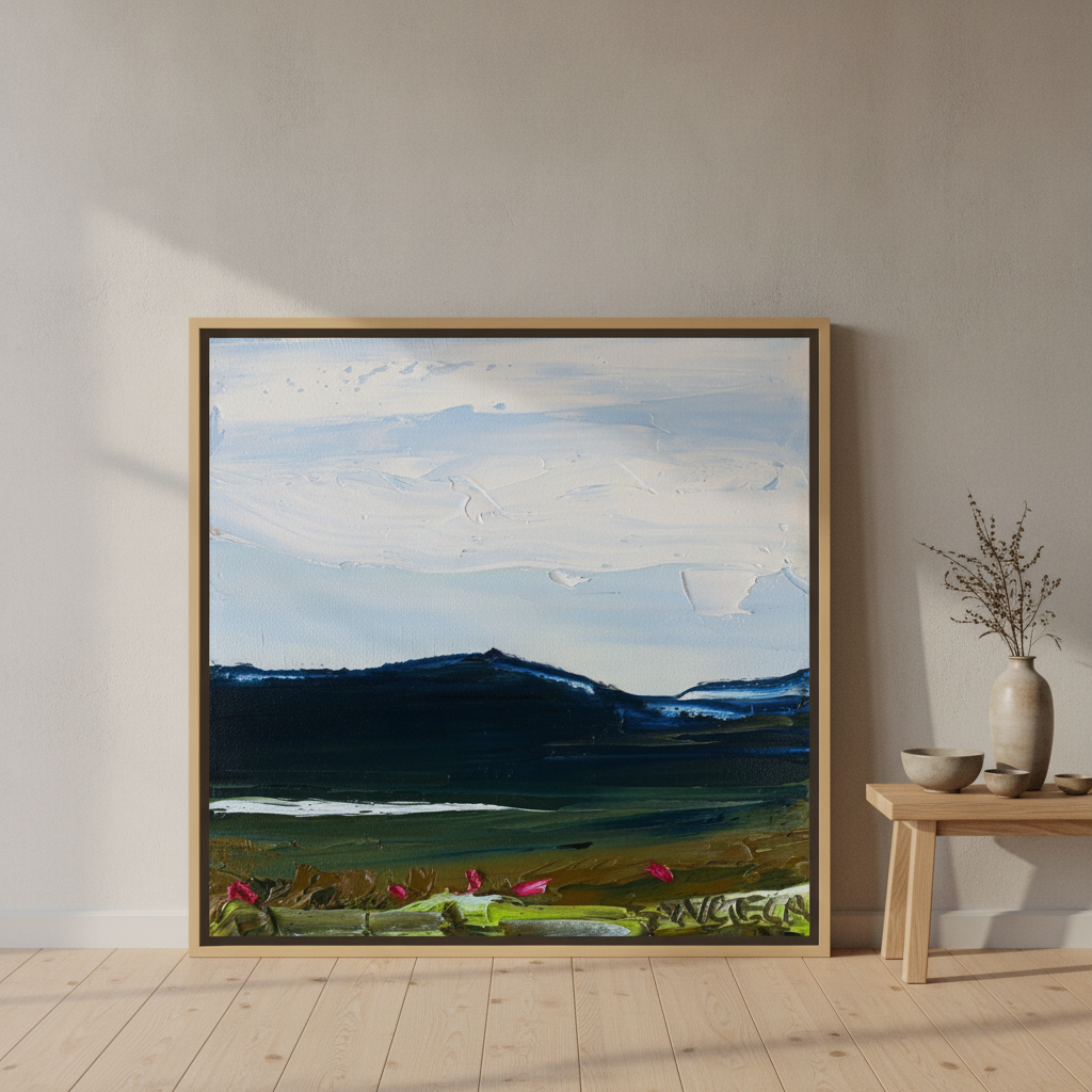 Oversized statement canvas wall art with a natural timber surround leaning against the wall in a warm Japandi bedroom