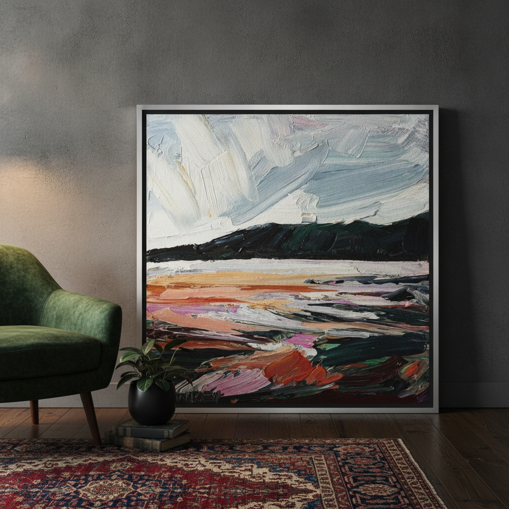 Oversized statement canvas wall art with a silver leaf surround leaning against the wall in a moody living room