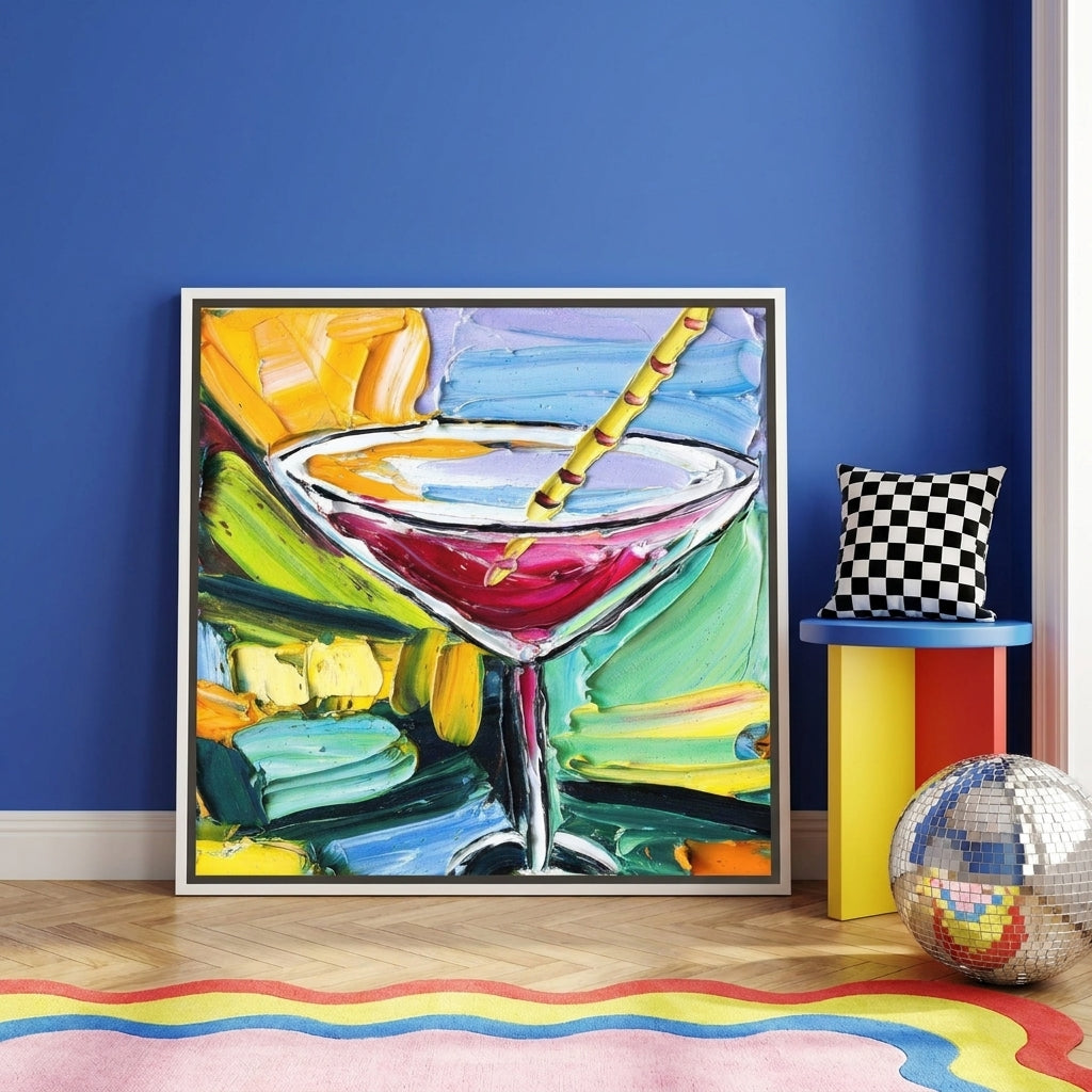 Canvas wall art with a white surround leaning against the wall in a colourful eclectic bedroom