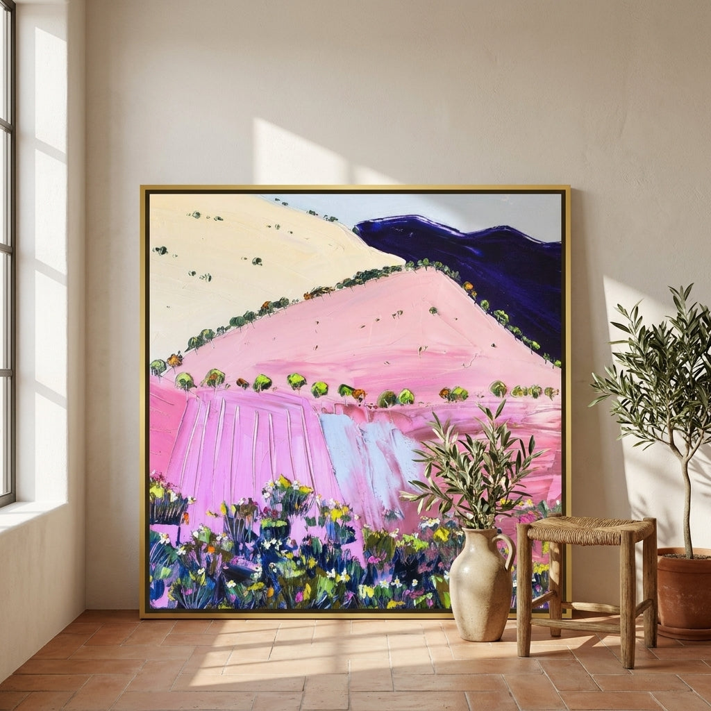 Oversized statement canvas wall art with a gold leaf surround leaning against the wall in a Mediterranean dining room