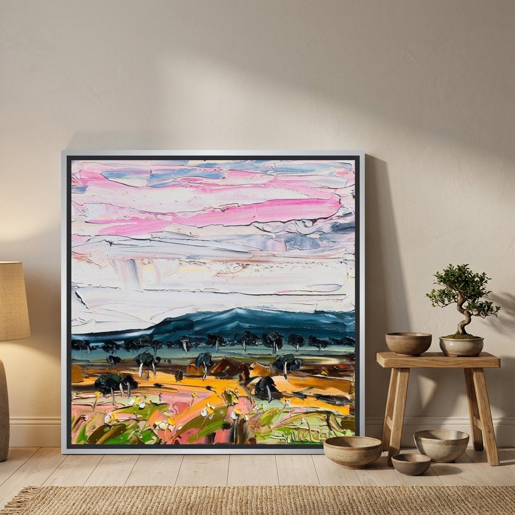 Canvas wall art with a silver leaf surround leaning against the wall in a warm Japandi living room