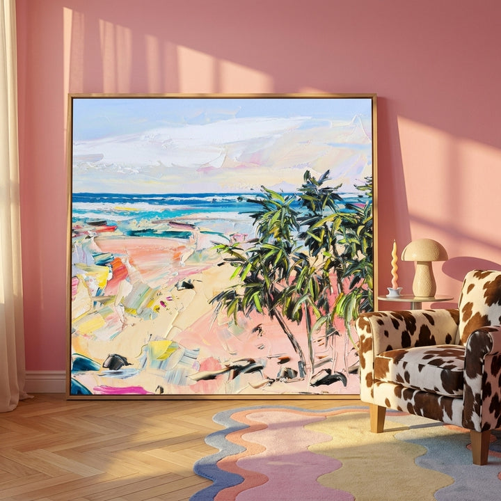 Oversized statement canvas wall art with a natural timber surround leaning against the wall in a colourful eclectic living room