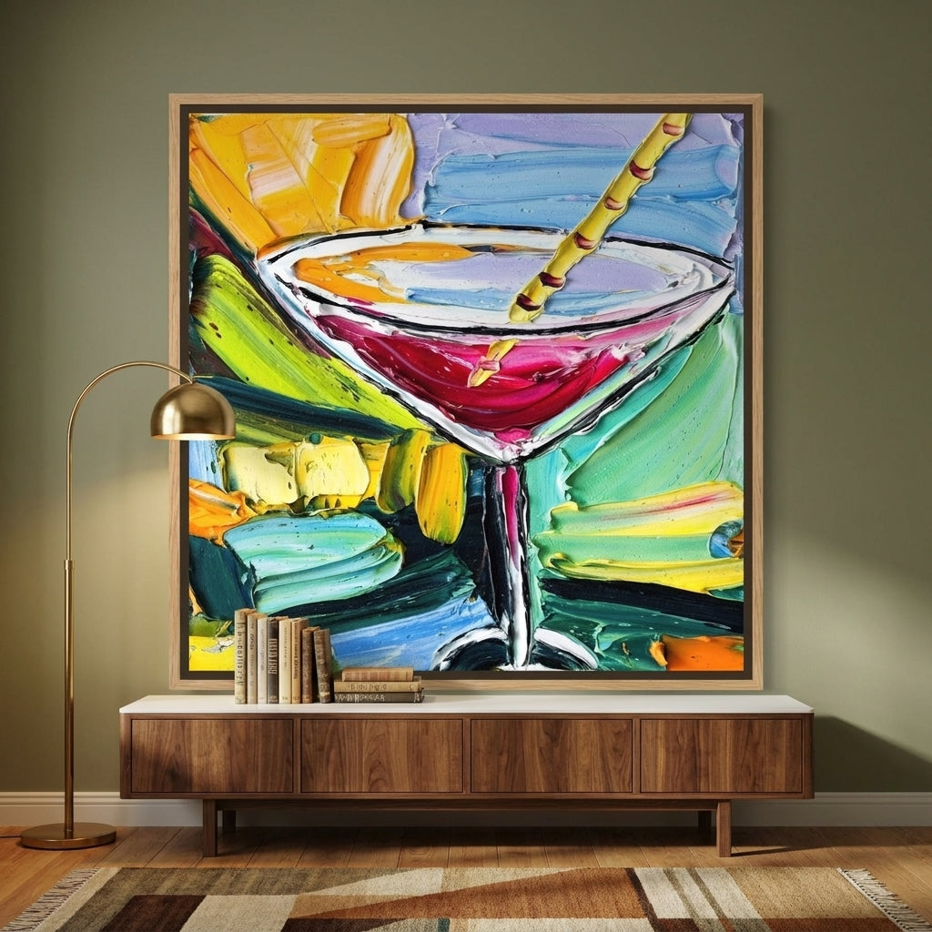 Canvas wall art with a natural timber surround styled on the wall in a mid-century kitchen