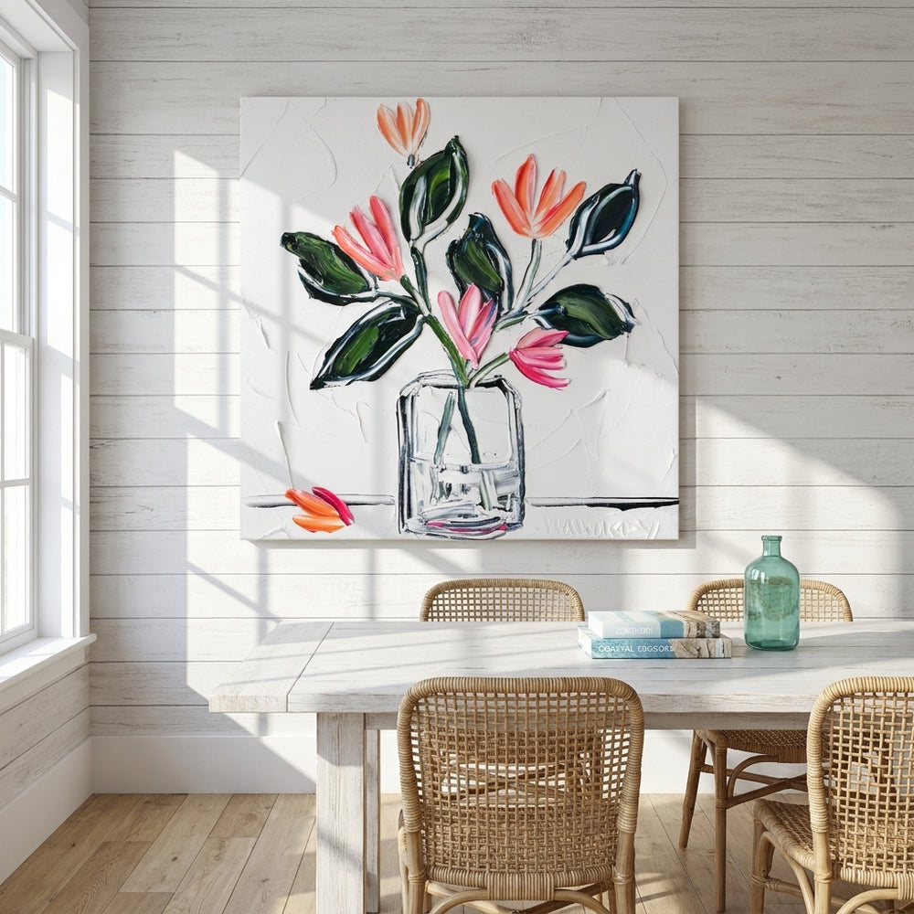 Stretched canvas wall art styled on the wall in a coastal dining room