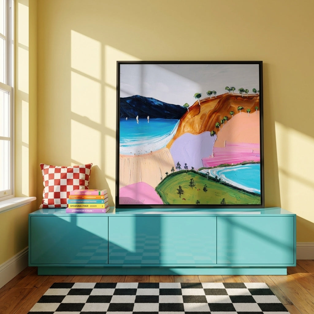 Canvas wall art with a black surround standing on a sideboard in a colourful eclectic dining room