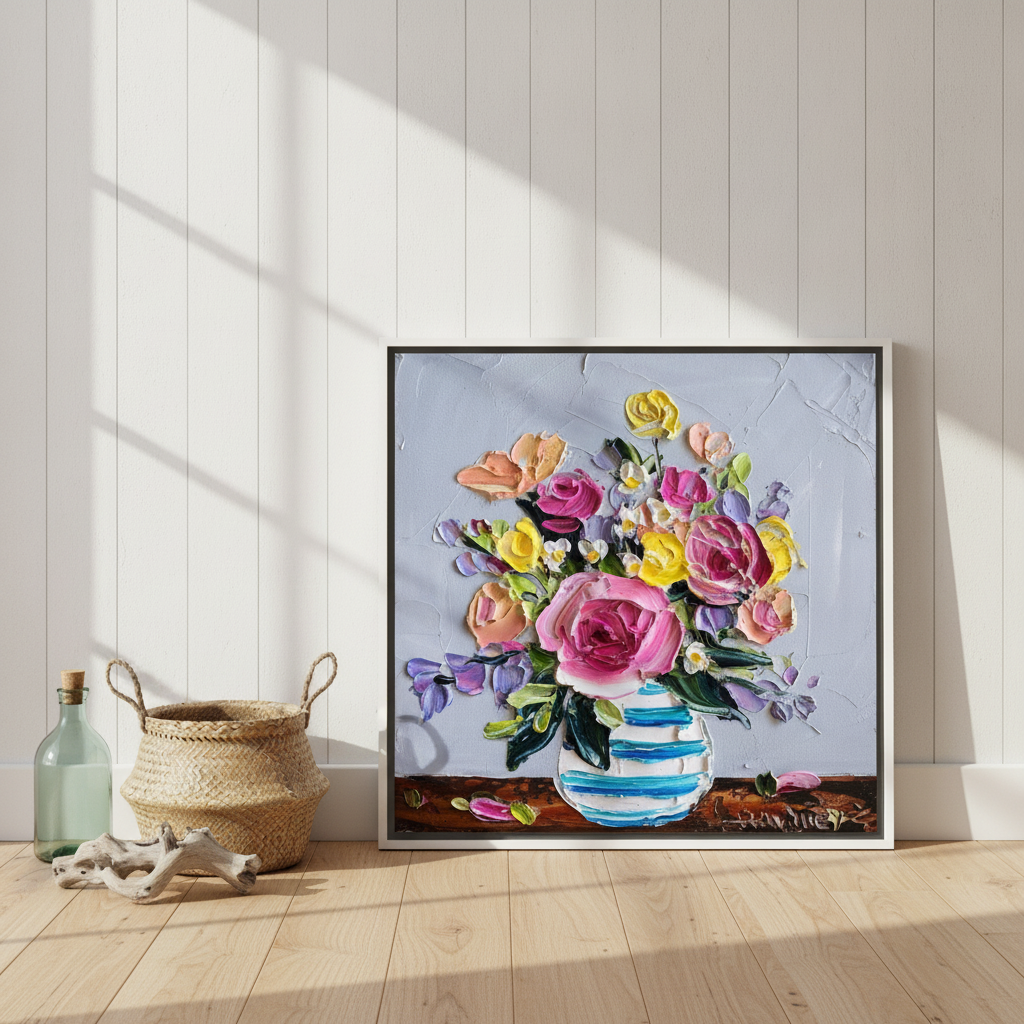 Canvas wall art with a white surround leaning against the wall in a coastal bedroom