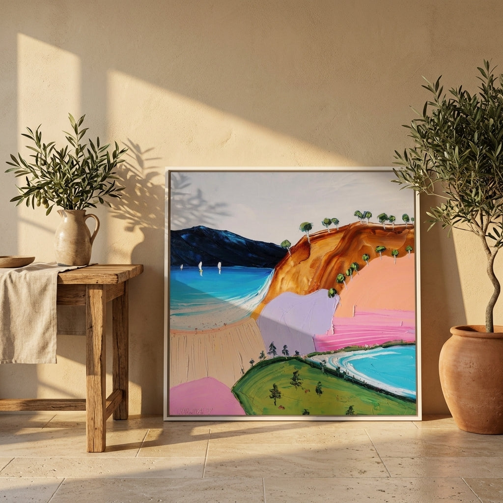 Canvas wall art with a white surround leaning against the wall in a Mediterranean home office