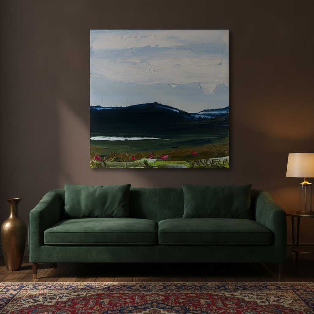Stretched canvas wall art styled on the wall in a moody living room