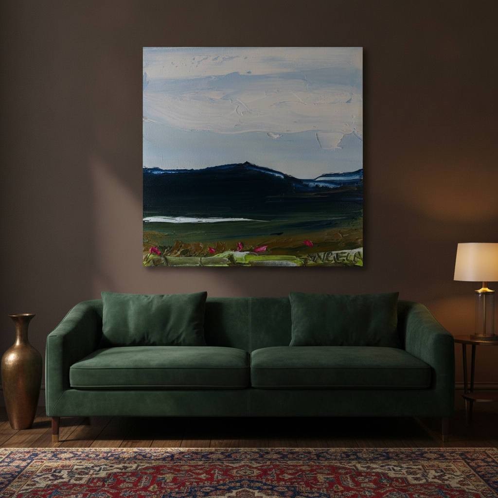 Stretched canvas wall art styled on the wall in a moody living room