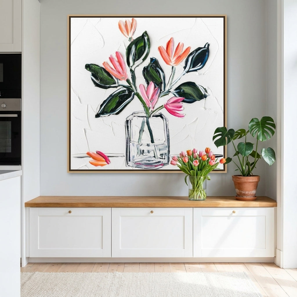 Canvas wall art with a natural timber surround styled on the wall in a bright Scandinavian kitchen