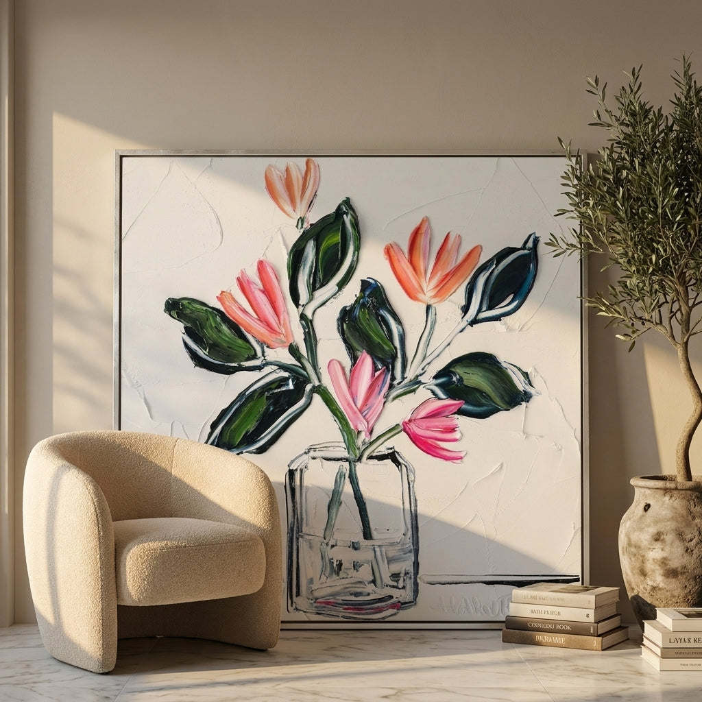Oversized statement canvas wall art with a silver leaf surround leaning against the wall in a luxe dining room