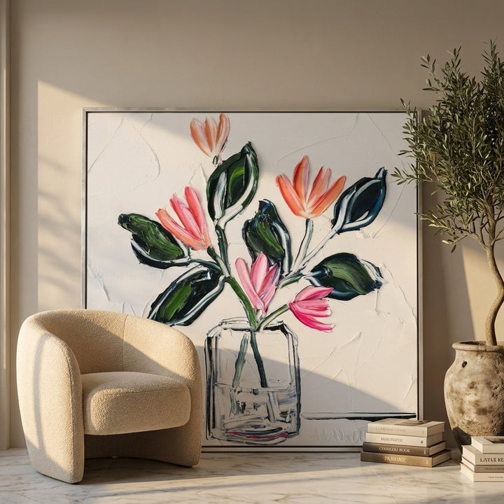 Oversized statement canvas wall art with a silver leaf surround leaning against the wall in a luxe dining room