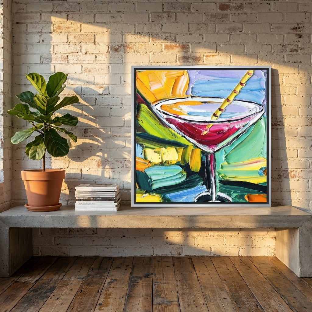 Canvas wall art with a silver leaf surround standing on a kitchen bench in an industrial loft kitchen