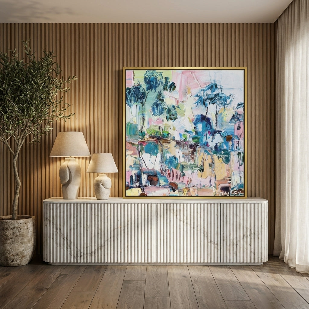Canvas wall art with a gold leaf surround standing on a sideboard in a luxe bedroom