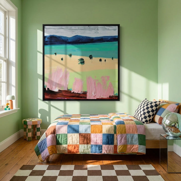 Canvas wall art with a black surround styled on the wall in a colourful eclectic bedroom