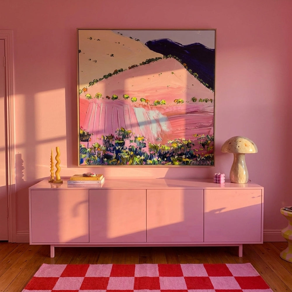 Stretched canvas wall art styled on the wall in a colourful eclectic living room