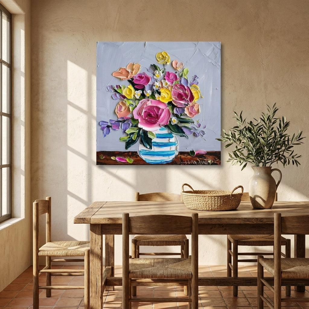Stretched canvas wall art styled on the wall in a Mediterranean dining room