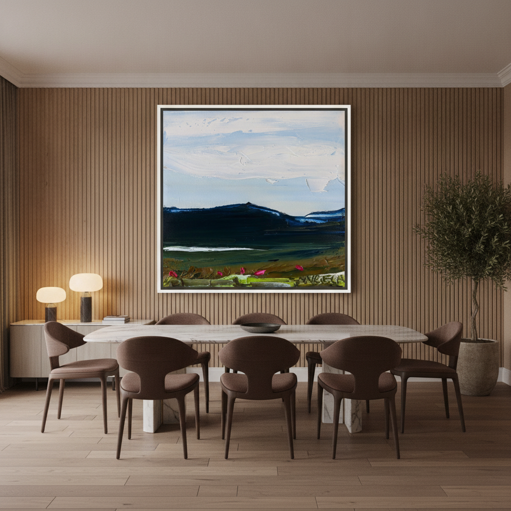 Oversized statement canvas wall art with a white surround styled on the wall in a luxe dining room