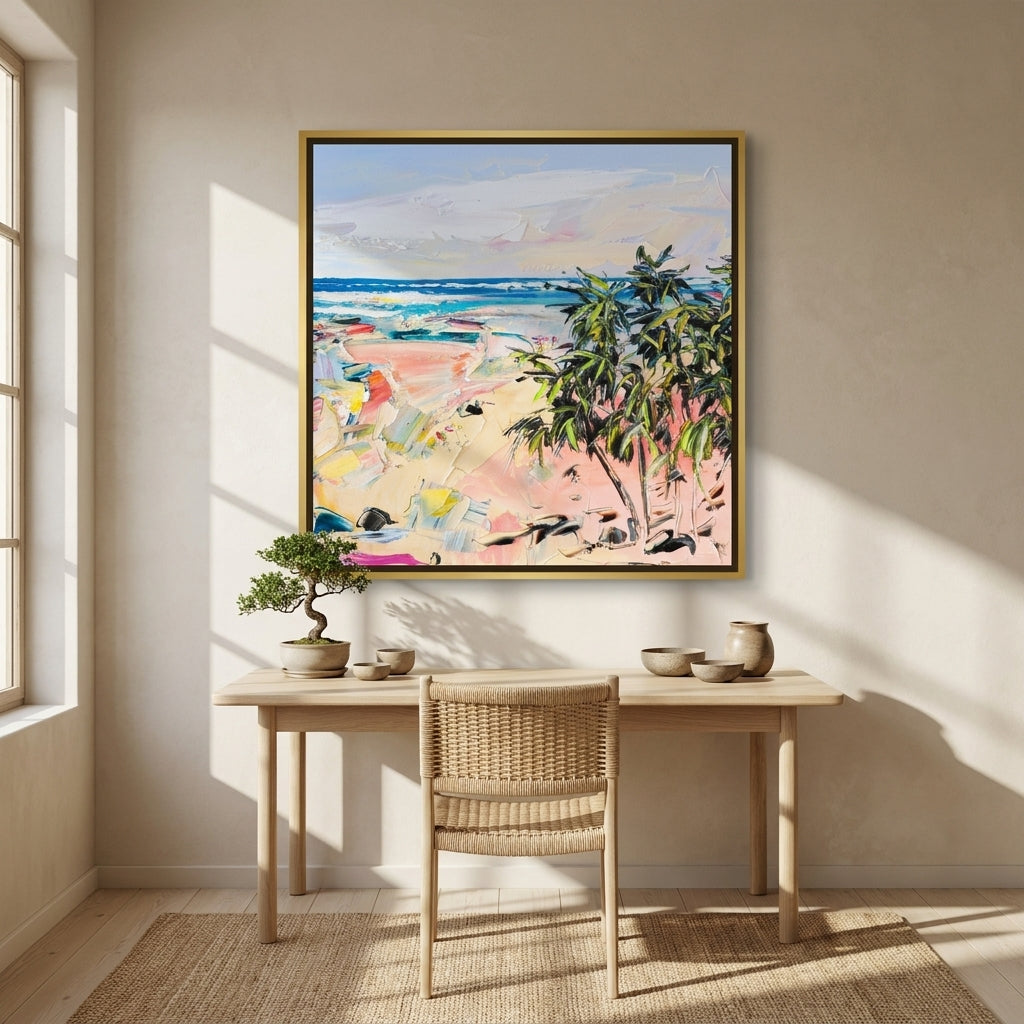 Canvas wall art with a gold leaf surround styled on the wall in a warm Japandi home office