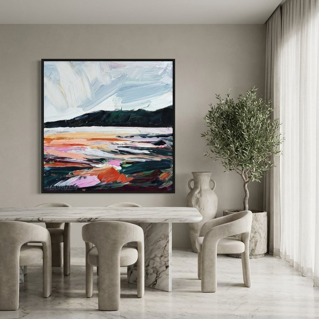 Oversized statement canvas wall art with a black surround styled on the wall in a luxe dining room