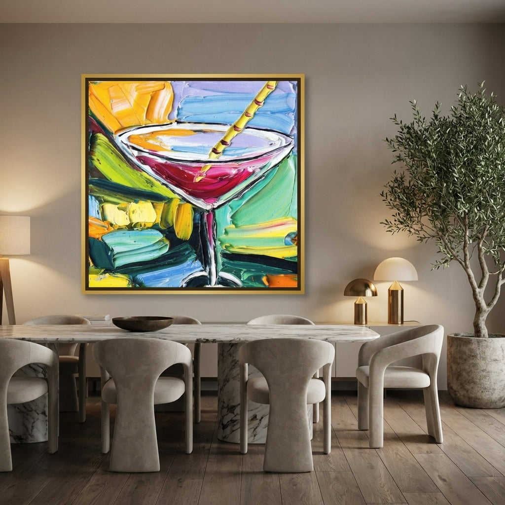 Oversized statement canvas wall art with a gold leaf surround styled on the wall in a luxe dining room