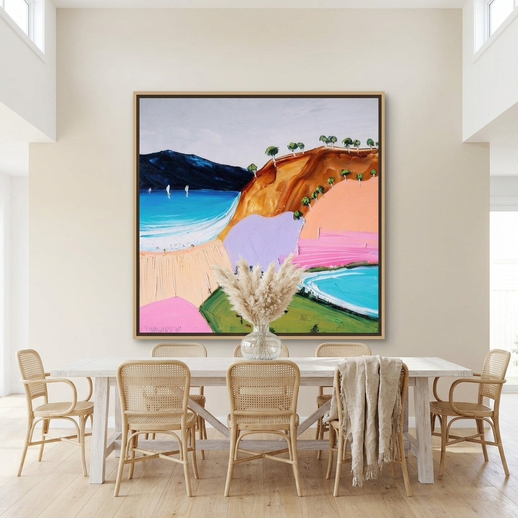 Oversized statement canvas wall art with a natural timber surround styled on the wall in a coastal dining room