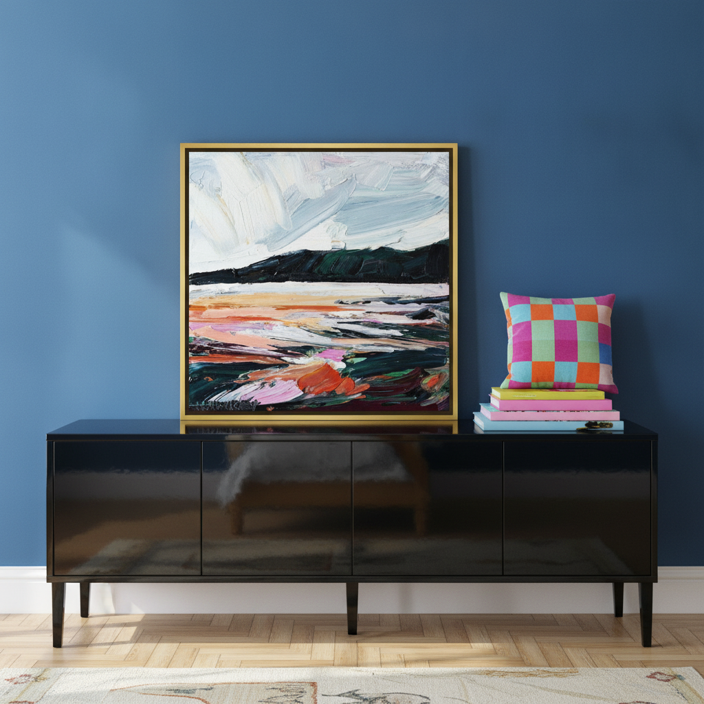 Canvas wall art with a gold leaf surround standing on a sideboard in a colourful eclectic bedroom
