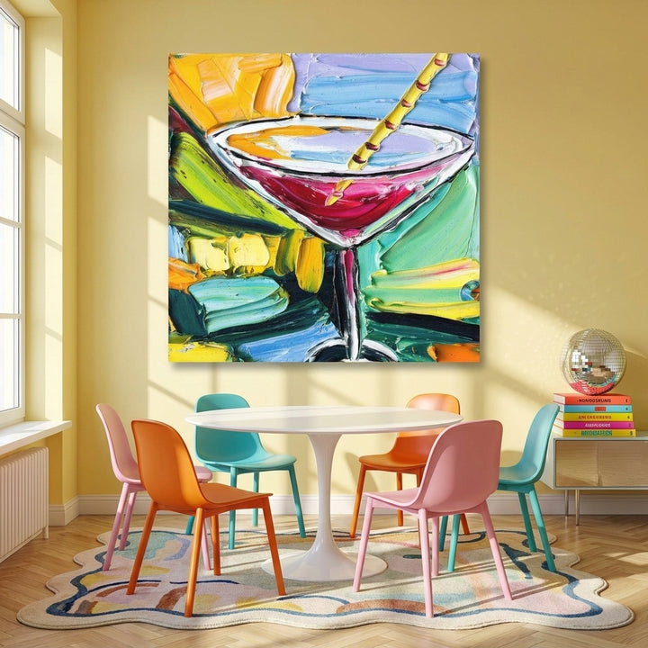 Stretched canvas wall art styled on the wall in a colourful eclectic dining room