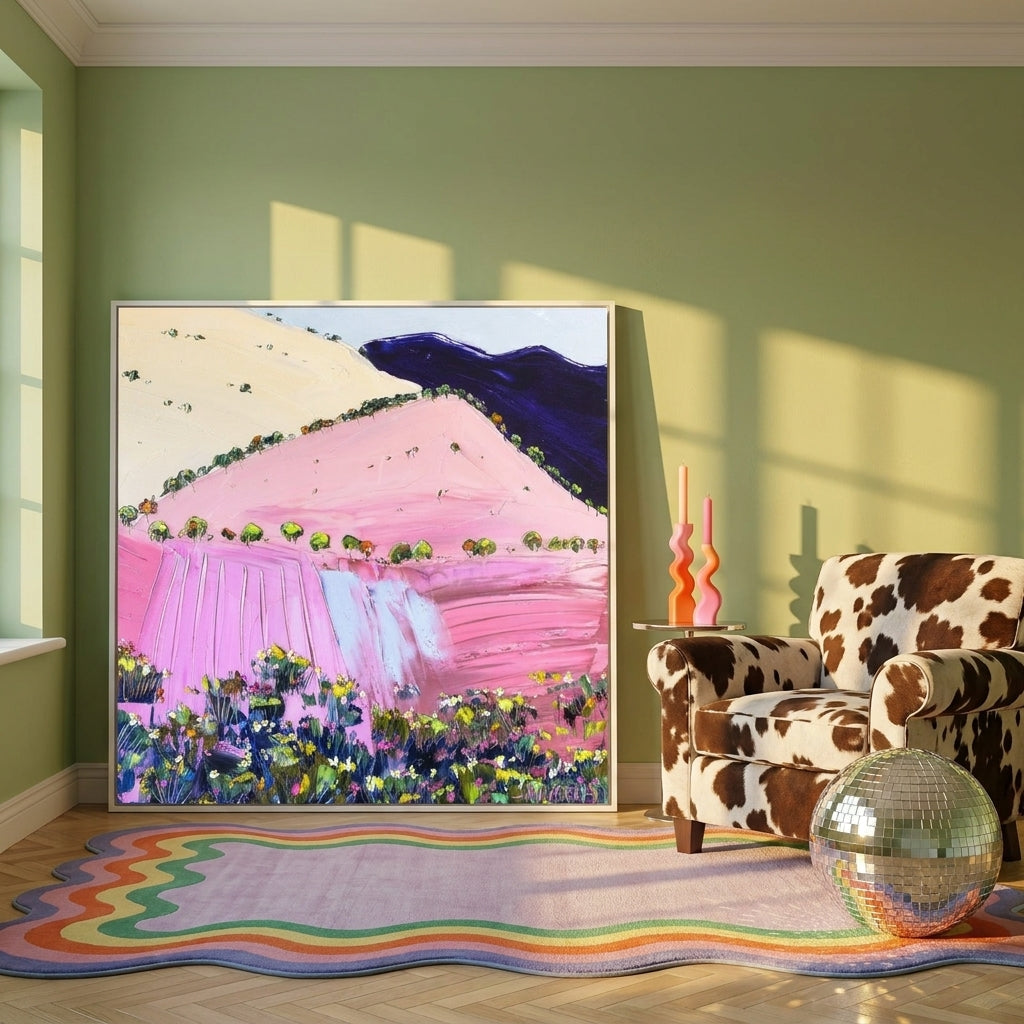 Canvas wall art with a white surround leaning against the wall in a colourful eclectic living room