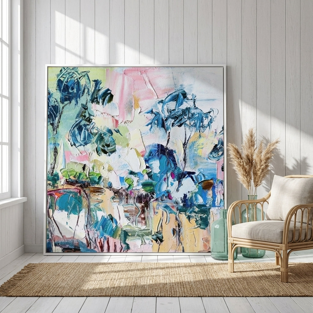 Oversized statement canvas wall art with a white surround leaning against the wall in a coastal bedroom