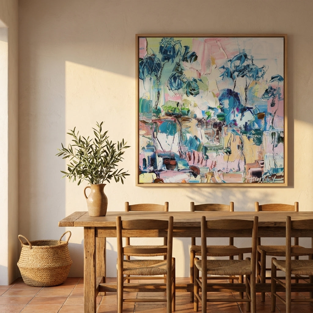 Oversized statement canvas wall art with a natural timber surround styled on the wall in a Mediterranean dining room