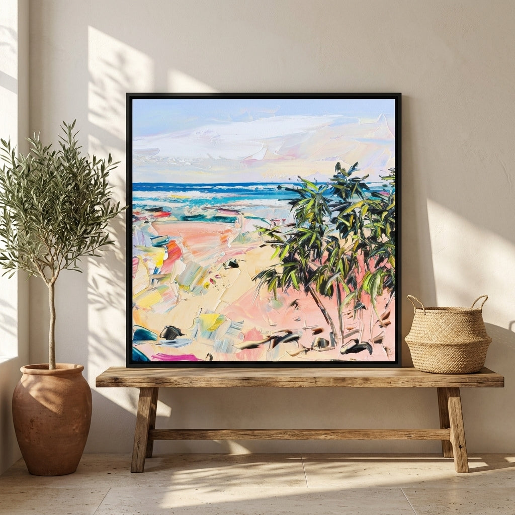 Canvas wall art with a black surround standing on a bench in a Mediterranean bedroom