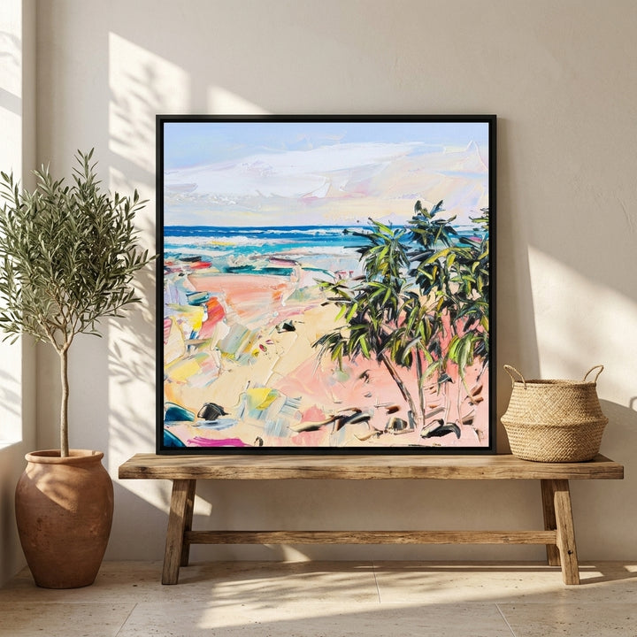 Canvas wall art with a black surround standing on a bench in a Mediterranean bedroom