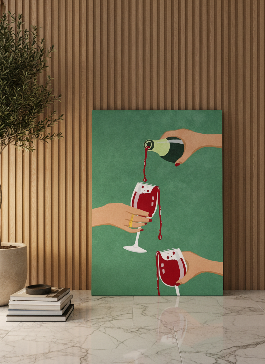 Stretched canvas wall art leaning against the wall in a luxe living room