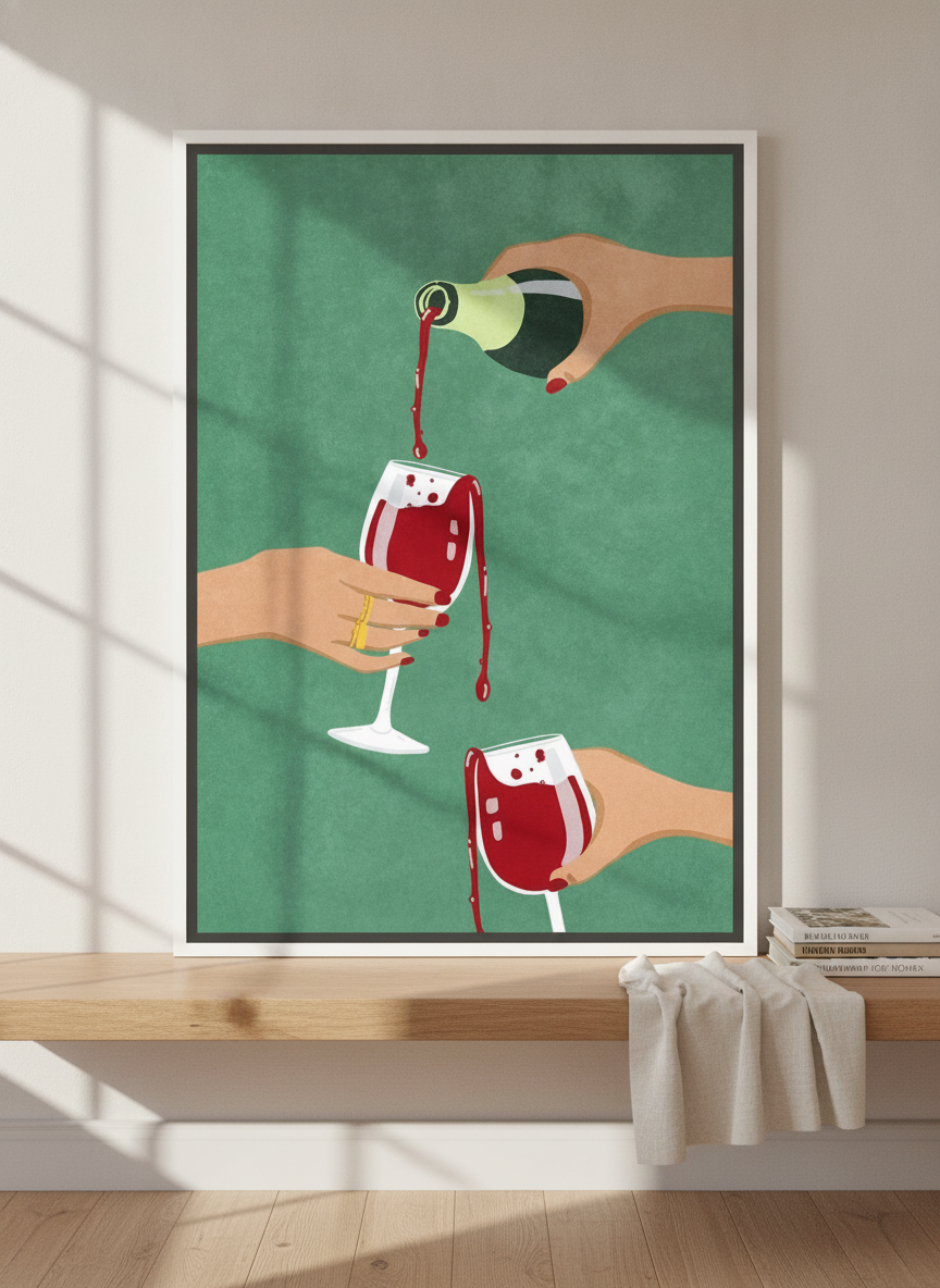 Canvas wall art with a white surround standing on a kitchen bench in a coastal kitchen