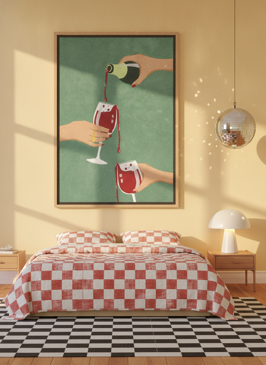 Oversized statement canvas wall art with a natural timber surround styled on the wall in a colourful eclectic bedroom